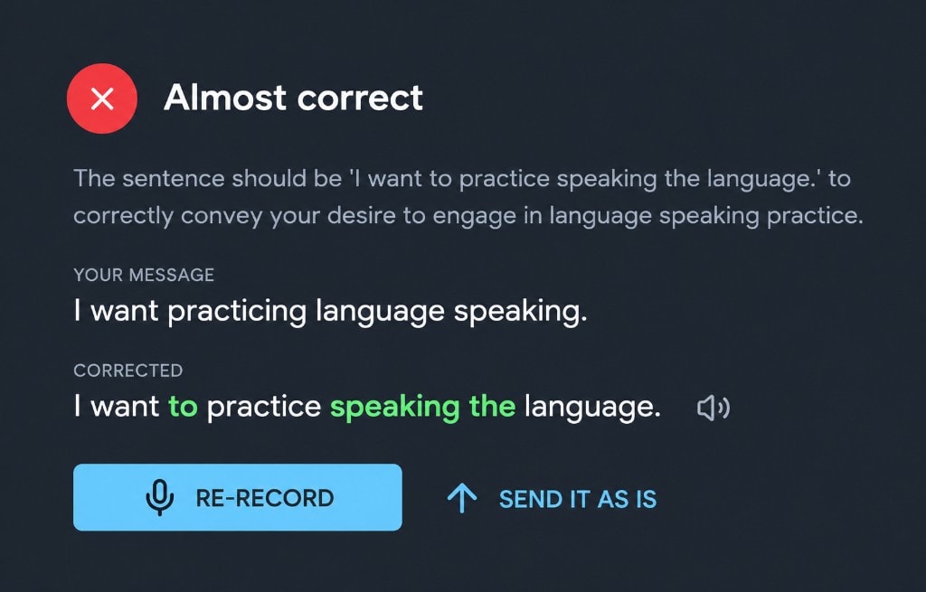 A grammar correction with the fixed sentence highlighted